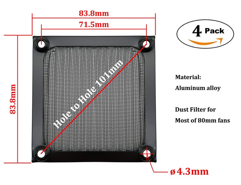 IMSurQltyPrise 80mm Computer Fan Filter Grills with Screws, Aluminum Frame Ultra Fine Stainelss Steel Mesh - 4 Pack (Black) - Image 2